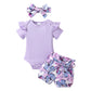 Tiny Cutey Baby Girl Clothes Infant Summer Outfits Set Ruffle Sleeve Romper And Floral Shorts With Headband (Ruffle Romper+Purpl