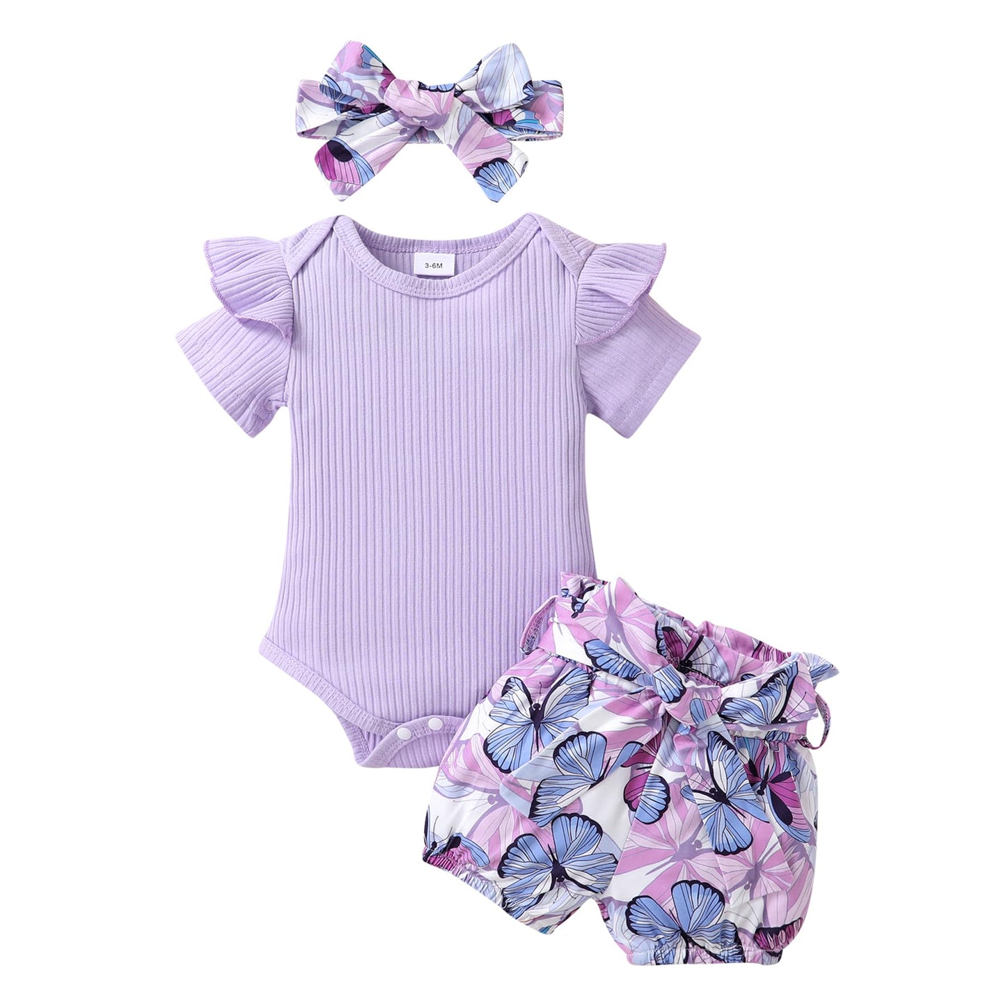 Tiny Cutey Baby Girl Clothes Infant Summer Outfits Set Ruffle Sleeve Romper And Floral Shorts With Headband (Ruffle Romper+Purpl
