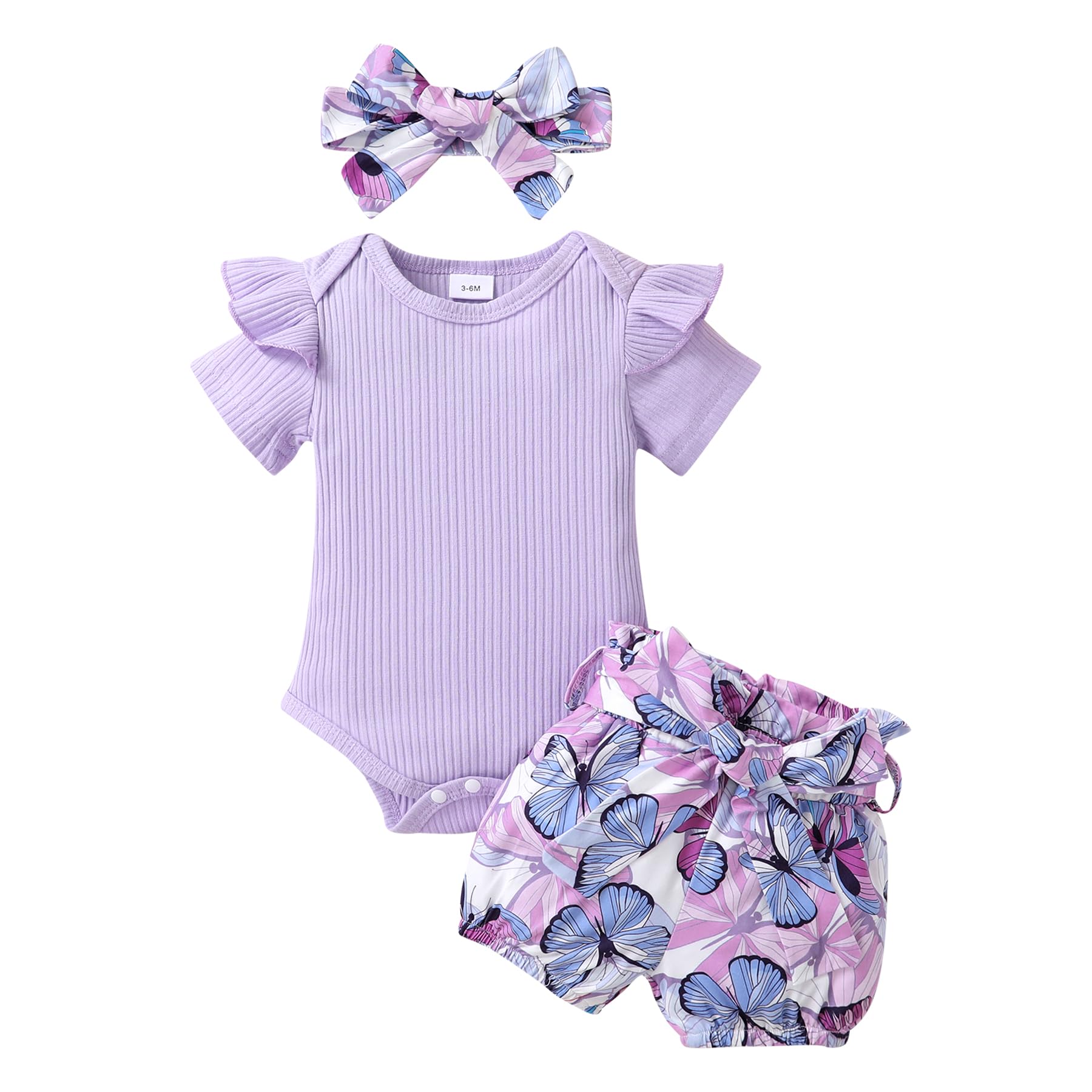 Tiny Cutey Baby Girl Clothes Infant Summer Outfits Set Ruffle Sleeve Romper And Floral Shorts With Headband (Ruffle Romper+Purpl