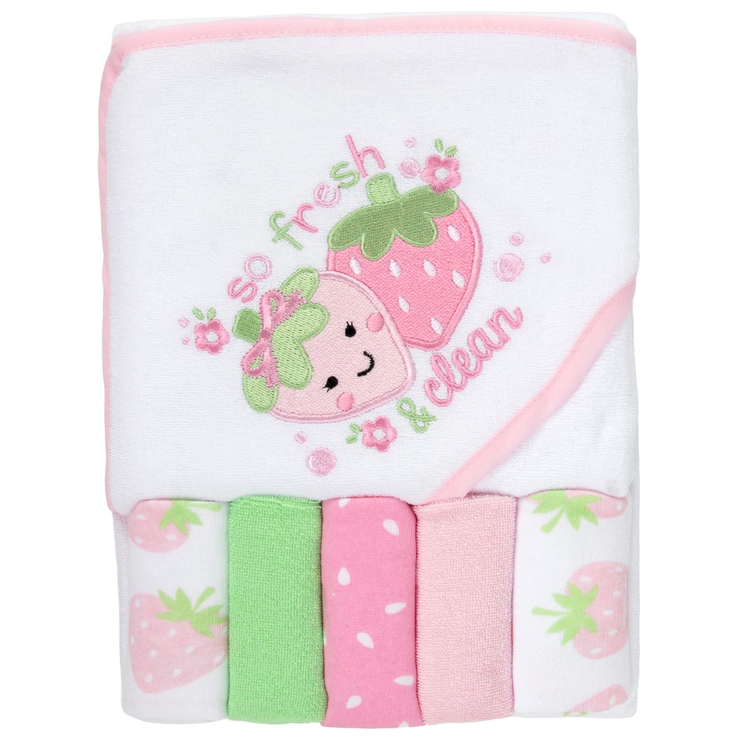 Baby Hooded Bath Towel and Washcloth Set for Infant Girls 6-12 Months (So Fresh Strawberry Pink)