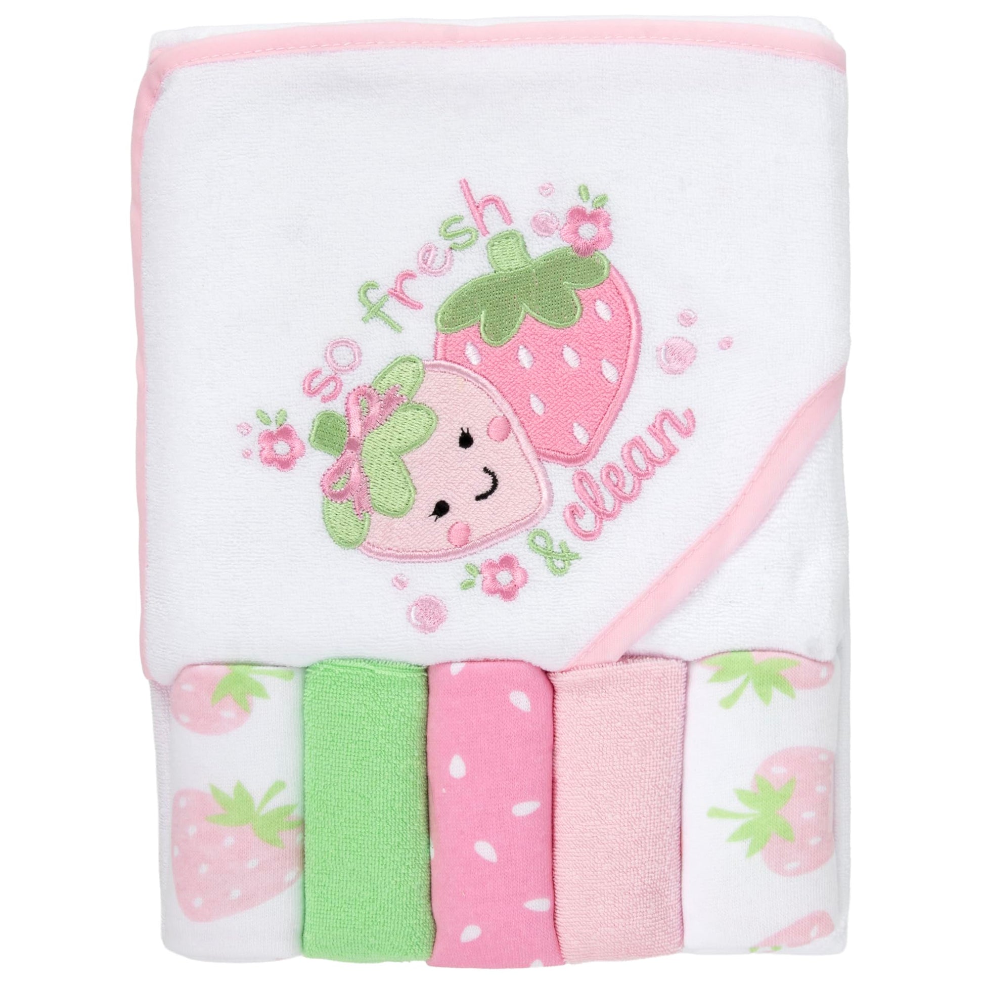 Baby Hooded Bath Towel and Washcloth Set for Infant Girls 6-12 Months (So Fresh Strawberry Pink)