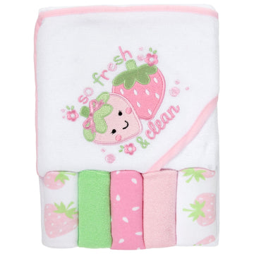 Baby Hooded Bath Towel and Washcloth Set for Infant Girls 6-12 Months (So Fresh Strawberry Pink)