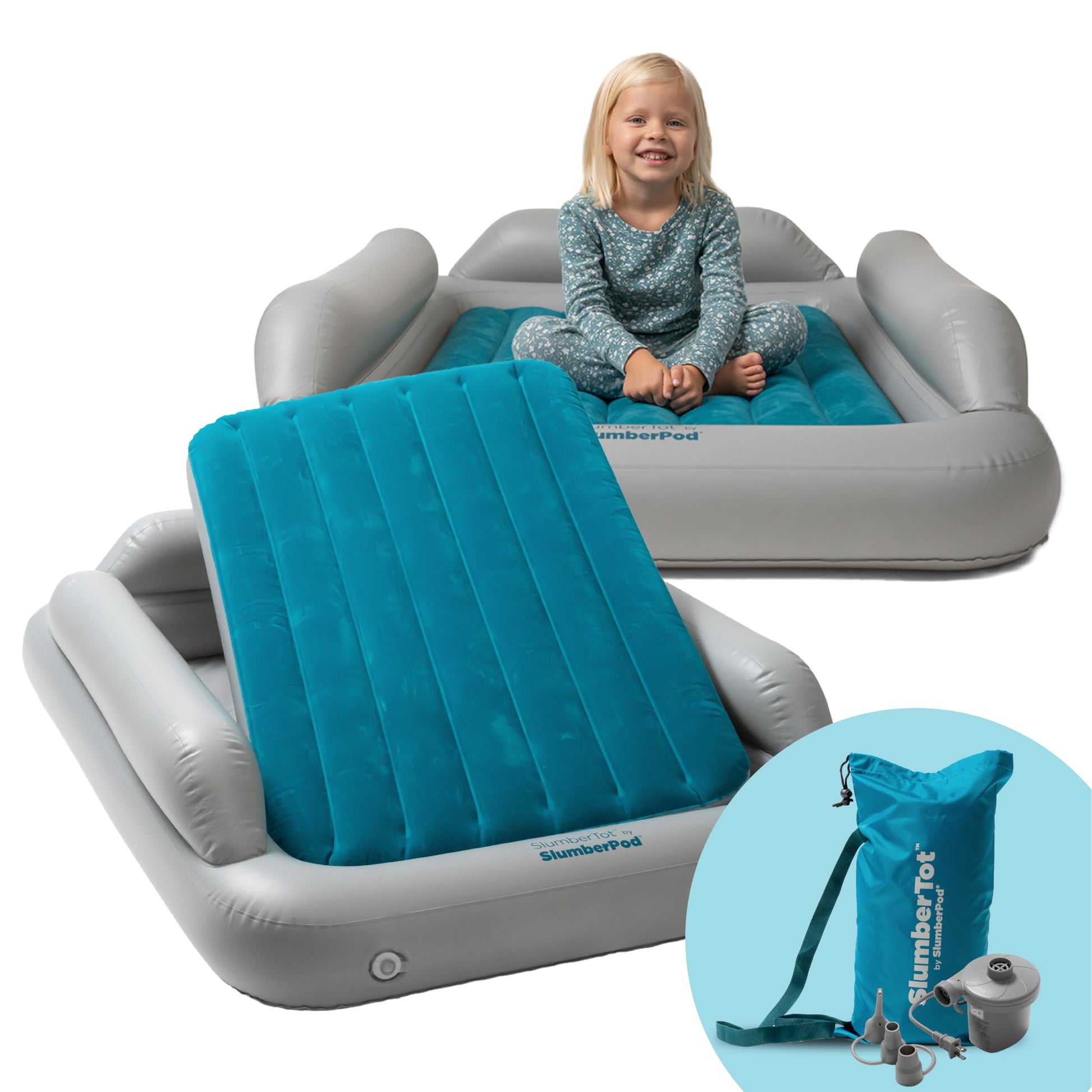 SlumberPod SlumberTot Inflatable Toddler Travel Bed - Portable Kids Air Mattress with Safety Bumpers - Perfectly Sized Ideal for