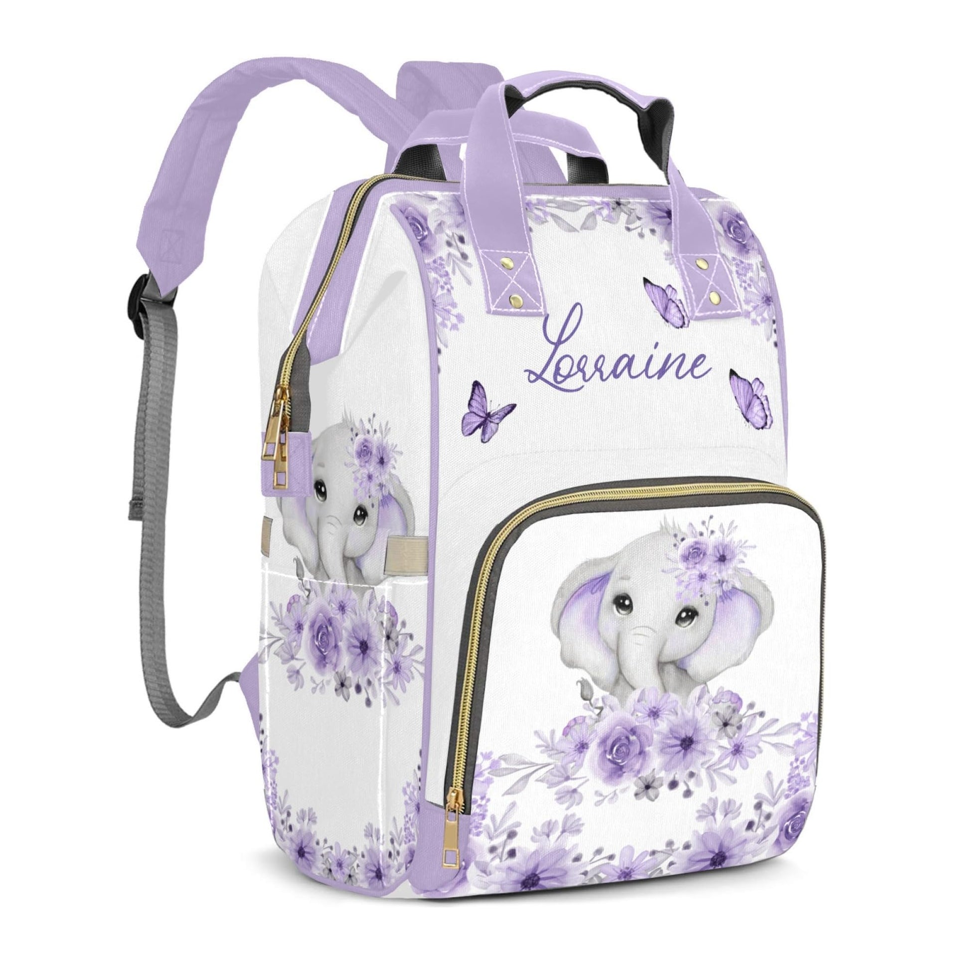 Perarts Large Capacity Custom Diaper Bag for Baby Girls with Name, Purple Elephant Multifunctional Mom Personalized Diaper Bag B