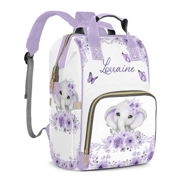 Perarts Large Capacity Custom Diaper Bag for Baby Girls with Name, Purple Elephant Multifunctional Mom Personalized Diaper Bag B