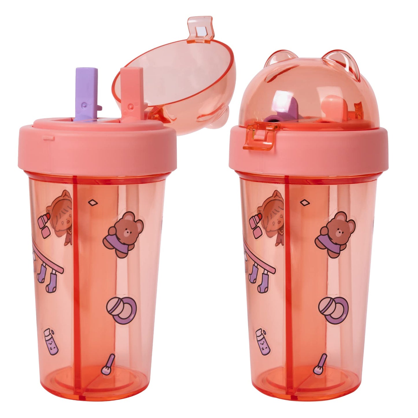 Wishkey Plastic Cartoon Printed 2 In 1 Tumbler Sipper Cup For Kids, Cute Reusable Water Bottle For Beverages With Lid And Dual S