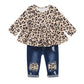 Caretoo Toddler Baby Girl Summer Clothes Set Ruffle Print Long Sleeves Pink Tops Ripped Jeans Pants 2Pcs Outfits 6M-4T