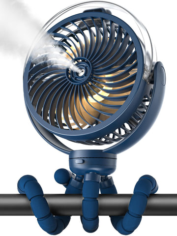 Misting Portable Stroller Fan, 6000mAh Battery Operated wiht 3-Speed, Flexible Tripod & LED Light - Dark Blue