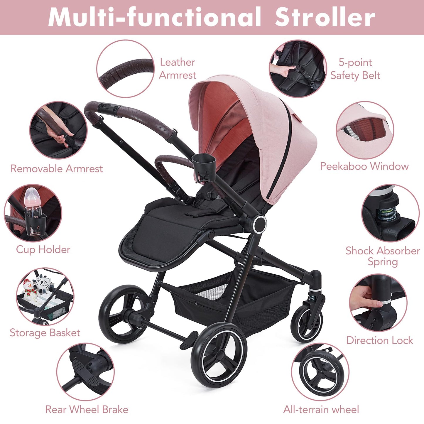 2-In-1 Baby Stroller Travel Stroller Reversible Stroller, Bassinet Stroller With Convenient One-Handed Folding Feature Stroller