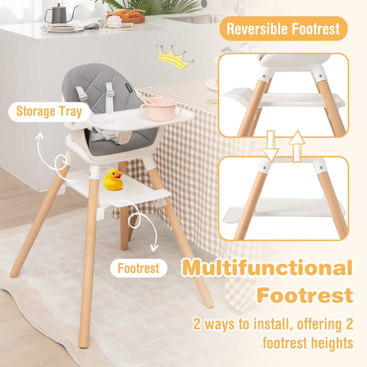 Baby Joy Baby High Chair, 6 In 1 Convertible Wooden High Chair For Babies & Toddlers With Adjustable Legs, Double Removable Tray