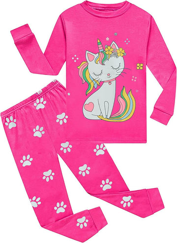 Cm-Kid Girls Pajamas Set Long Sleeve Pjs Cute Cat Pattern Sleepwear Toddler 2 Pieces Jammies Sets Kids Clothes Shirts Size 5