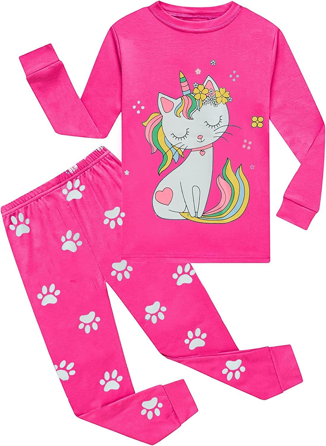 Cm-Kid Girls Pajamas Set Long Sleeve Pjs Cute Cat Pattern Sleepwear Toddler 2 Pieces Jammies Sets Kids Clothes Shirts Size 6