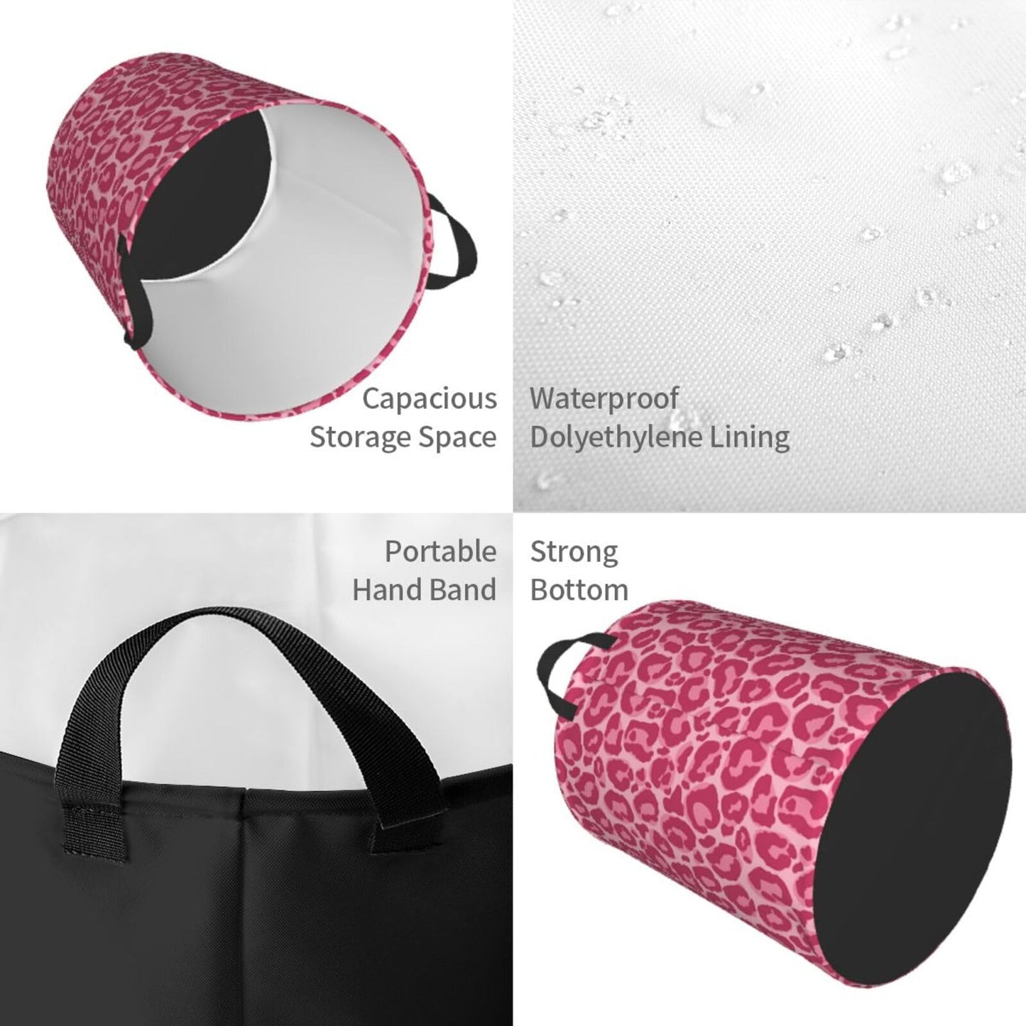 Gbuzozie Pink Leopard Texture Round Laundry Hamper Storage Basket Toys Clothes Organizer Bin For Home Bathroom Bedroom Dorm Nurs