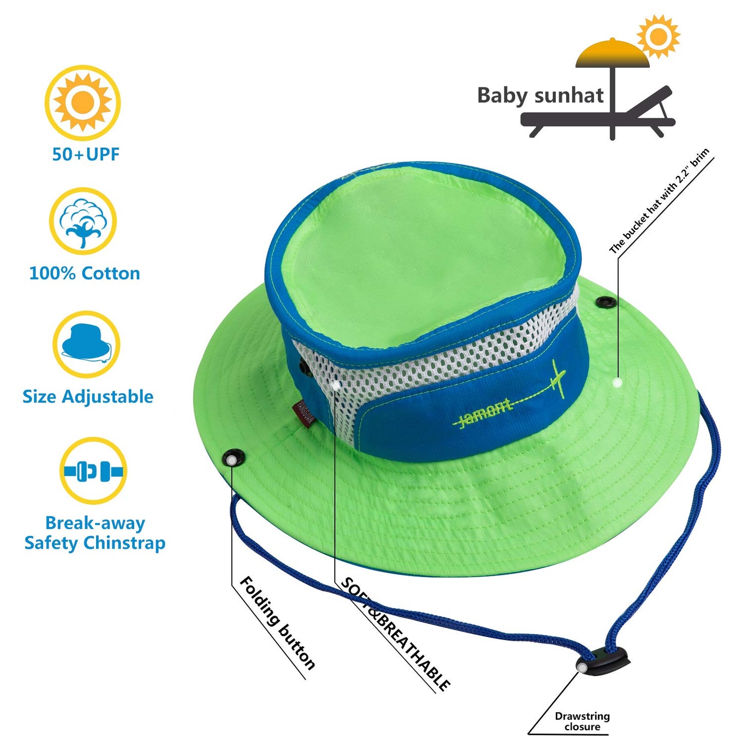 Baby Sun Hat Toddler Sun Hat Kids Breathable Bucket Sun Protection Hat | Adjustable, Stay-On Chin-Strap, Summer Play (Green, 12-
