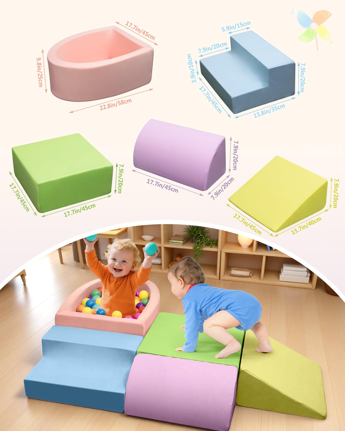 Auksay Baby Climbing Blocks, Soft Play Set for Crawling Baby 6-12 Months, Anti-Slip Particles Bottom & hook and loop Connectors,