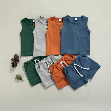 Karesoull Infant Baby Boy Clothes Summer Shorts Set Solid Sleeveless Pocket Tops Cotton Outfit 2Pcs (Sleeveless Indigo, 18-24 Mo