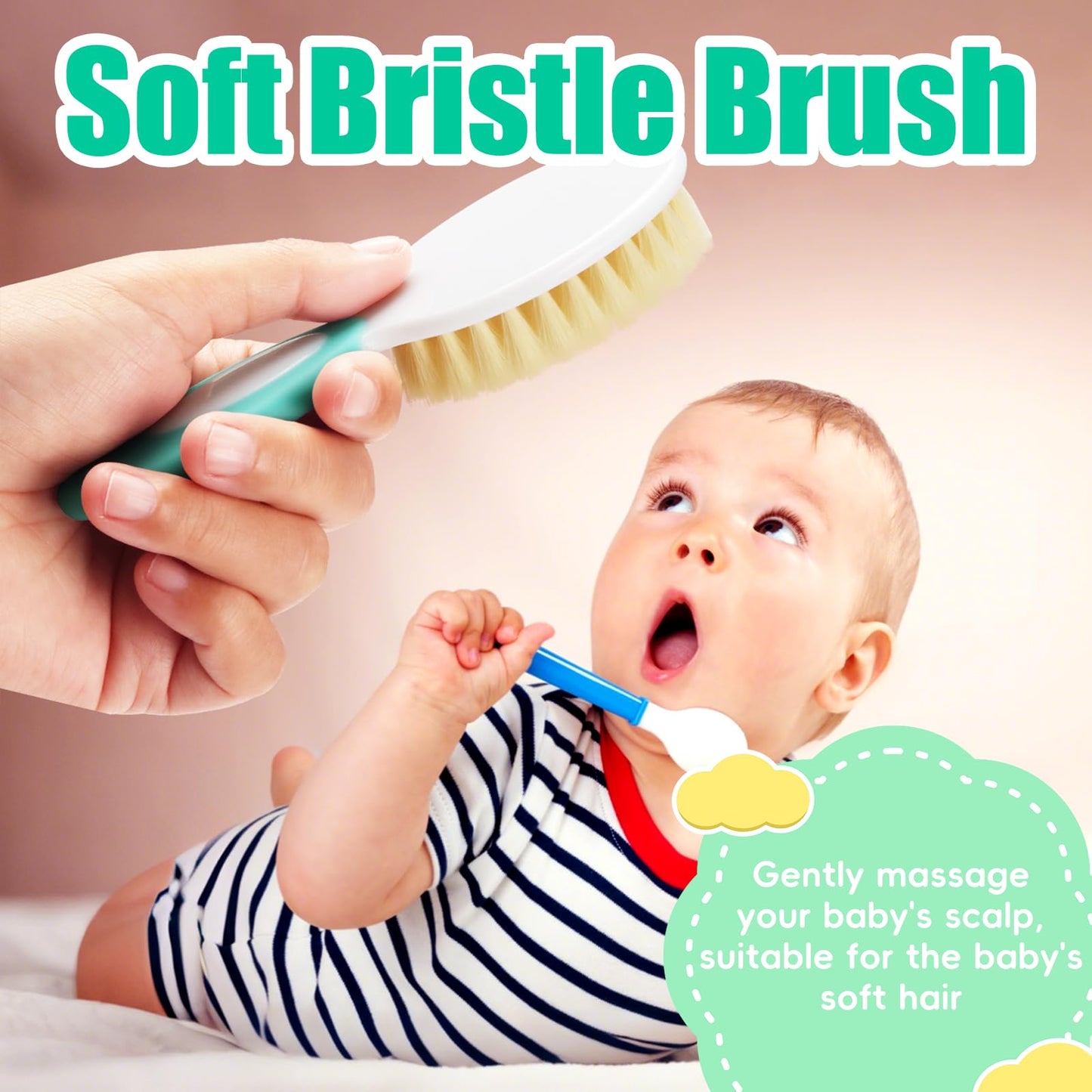 Baby Hair Brush And Comb Set, 4Pcs Baby Soft Bristles Hairbrush Cradle Cap Brush Hair Comb For Newborns Toddlers Boys Girls (Gre