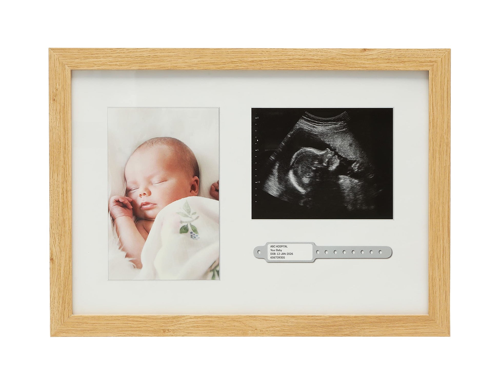 Kate & Milo Bracelet ID Photo and Sonogram Frame, Pregnancy Keepsake Frame, Wooden Newborn Baby Sentiment Frame