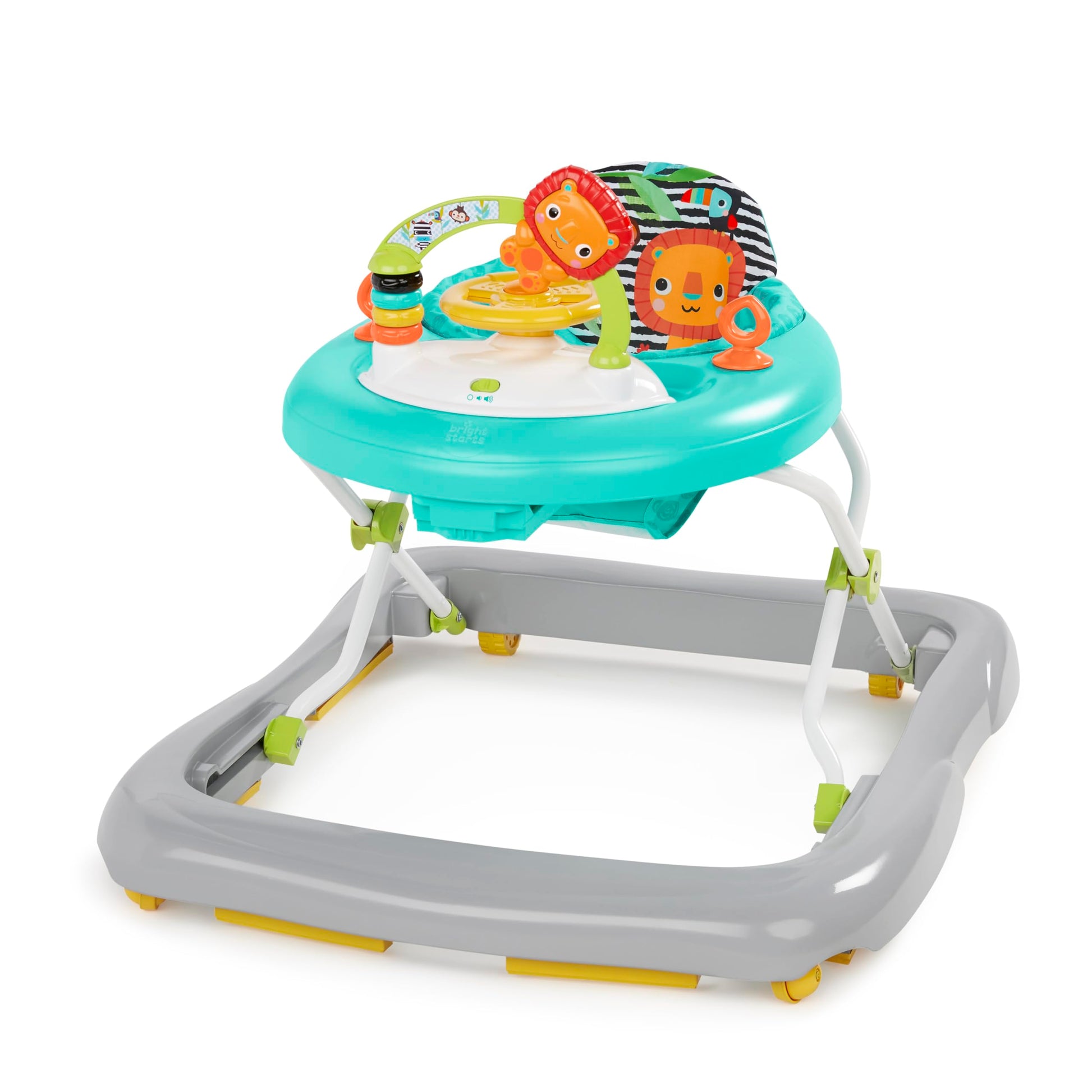 Bright Starts Zig Zag Zebra Baby Walker with Steering Wheel, Lights & Songs, Easy Fold Frame for Storage, Height Adjustable, Age