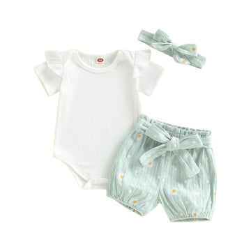 Thorn Tree Summer Baby Girl Clothes Short Sleeve Tops Romper Daisy Infant Shorts Toddler Girls Outfits Cute Newborn Outfit (Gree