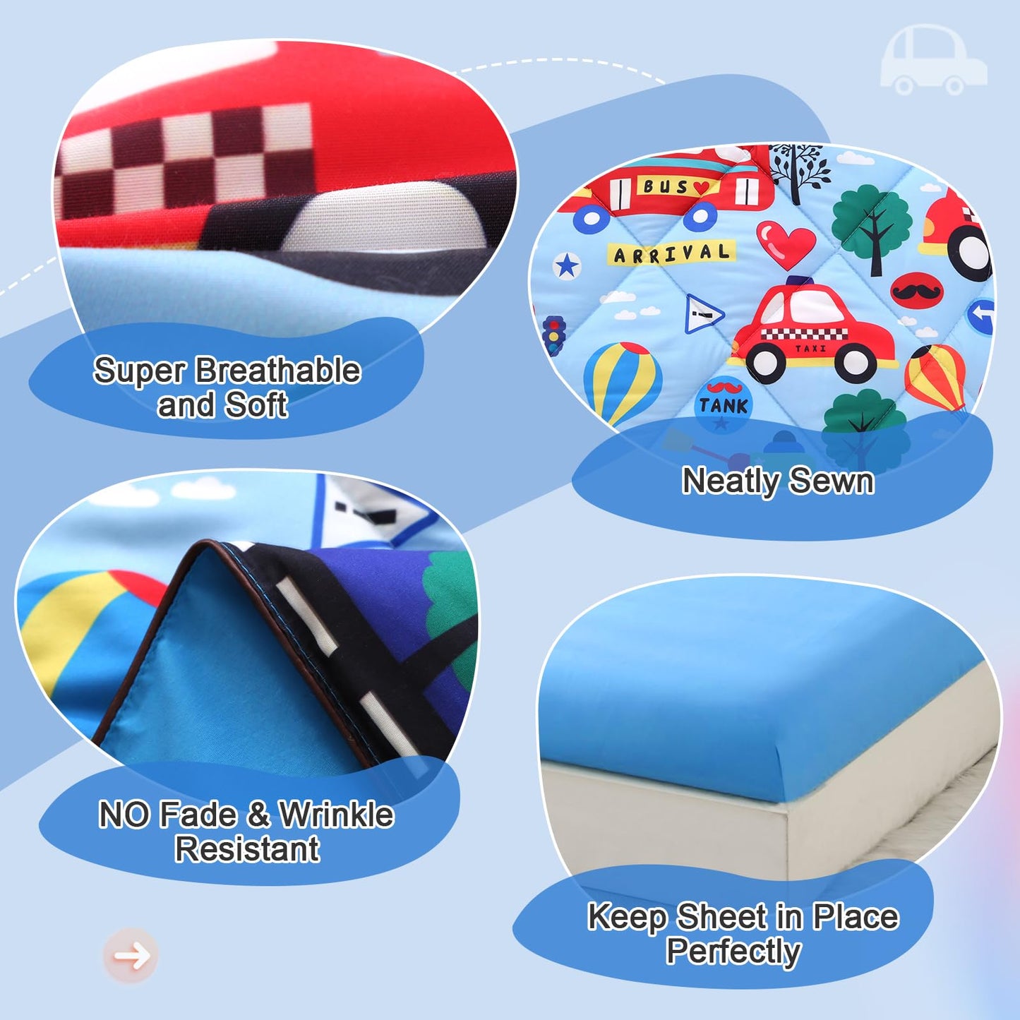 Wowelife Car Toddler Bedding Sets For Boys Blue, Premium 4 Piece Car Toddler Bed Sets For Boys, Super Soft And Comfortable For T