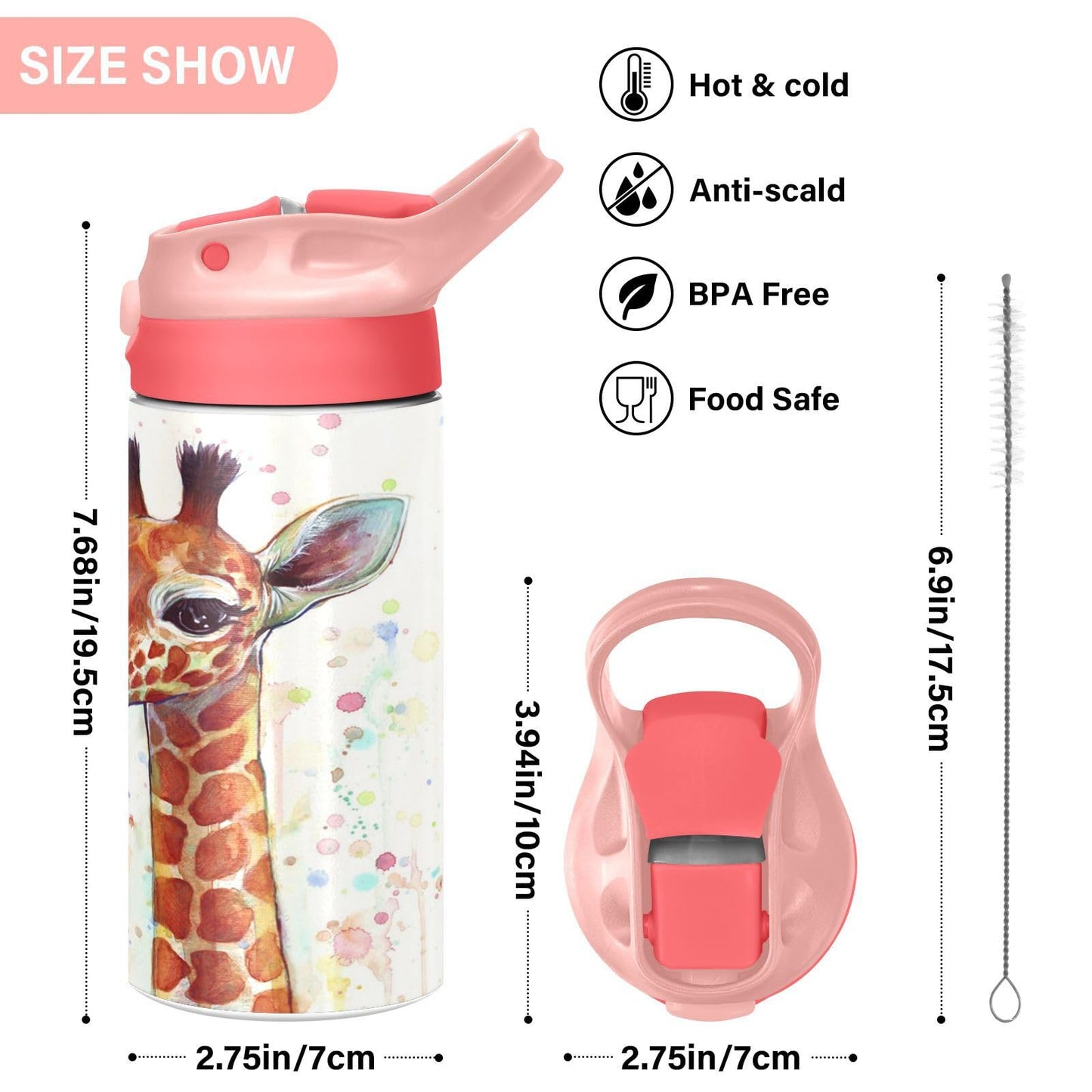 Giraffe Kids Water Bottle With Straw And Carry Handle Cute Animals Vacuum Insulated Stainless Steel Bottles Leak-Proof For Boys