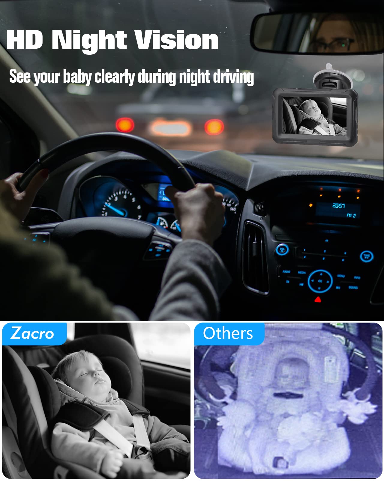 Zacro 1080P Baby Car Camera, 4.3' Baby Camera For Car, With Hd Night Vision, 150 Wide View Angle Baby, 360 Rotatable, For Baby