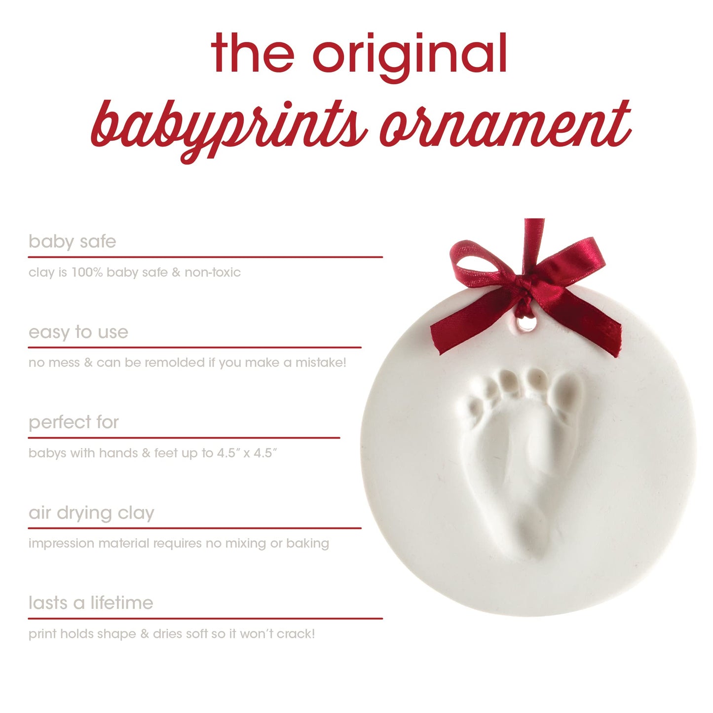 Pearhead Babyprints Babys First Handprint or Footprint Ornament Kit, Easy No-Bake DIY Clay Impression Kit, Christmas Baby Gift,