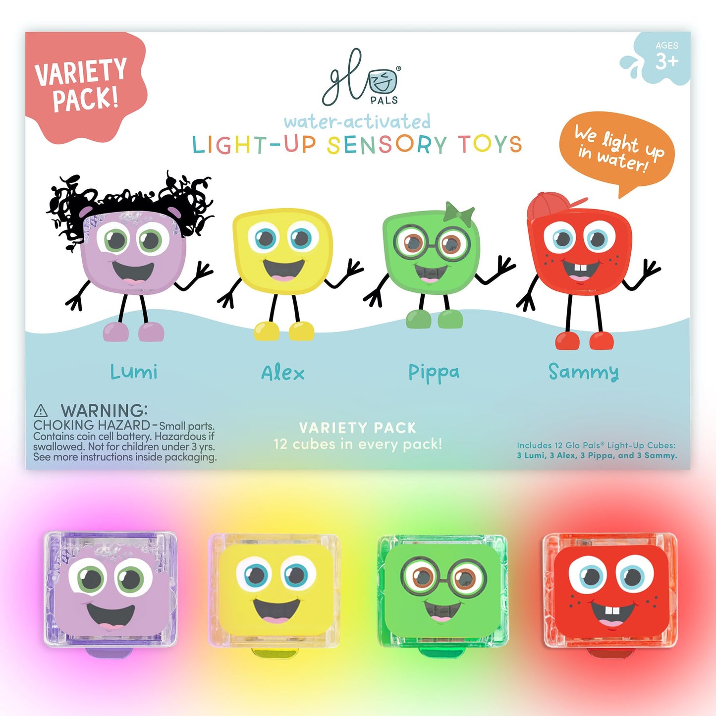 Glo Pals Water-Activated Light-Up Cubes for Sensory Play - 12 Pack