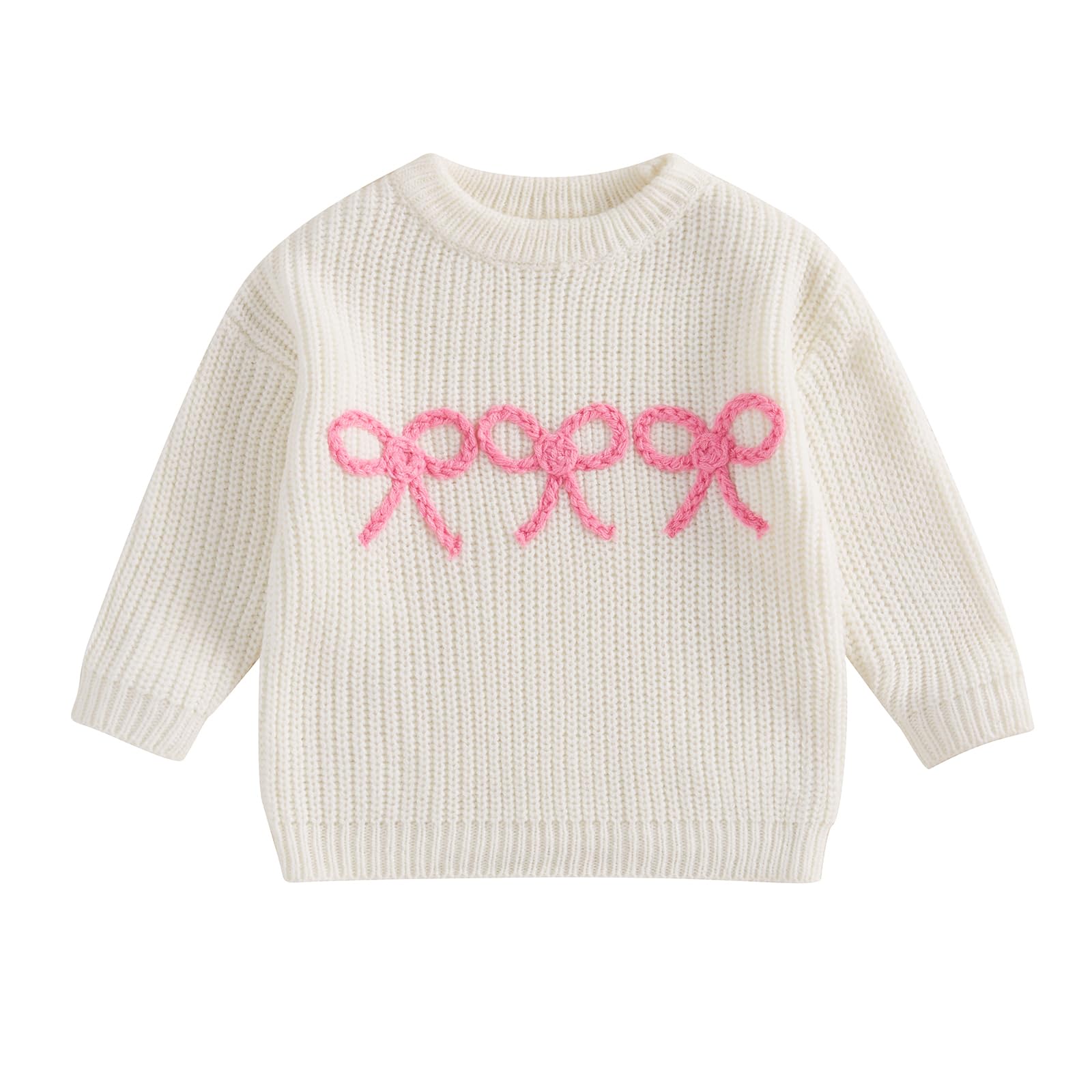 Beautooly Infant Newborn Baby Girl Cute Long Sleeve Bow Embroidery Chunky Knitted Sweater Toddler Fall Winter Outfits (White Bow
