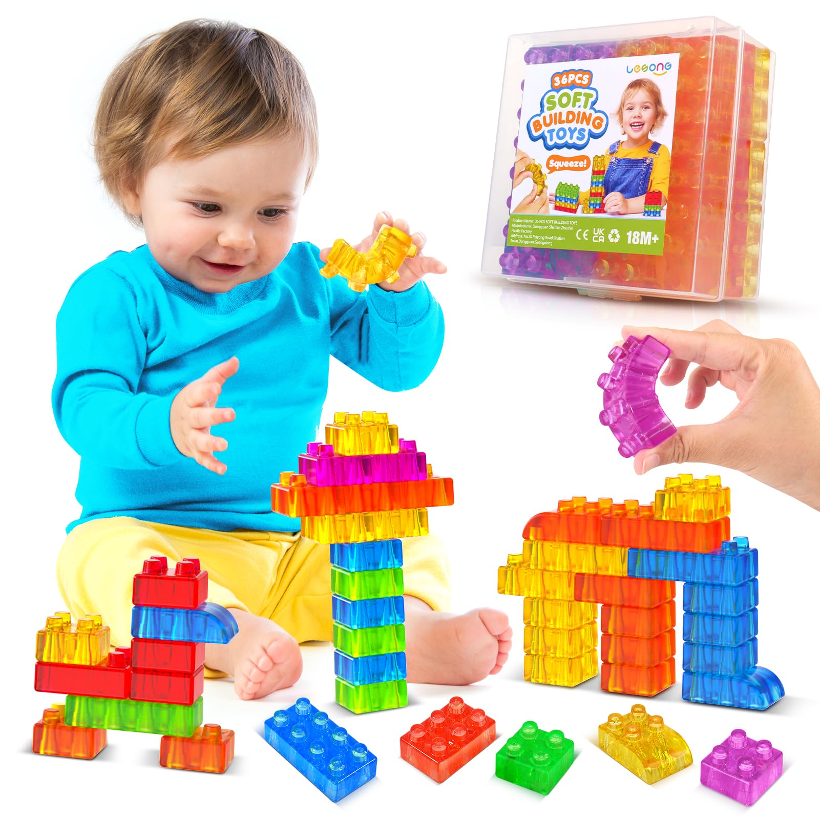 LESONG Sensory Soft Building Blocks for Toddlers:36 Pcs Jelly Squishy Stacking Blocks for Toddlers 1-3, Sensory Toys for Kids wi