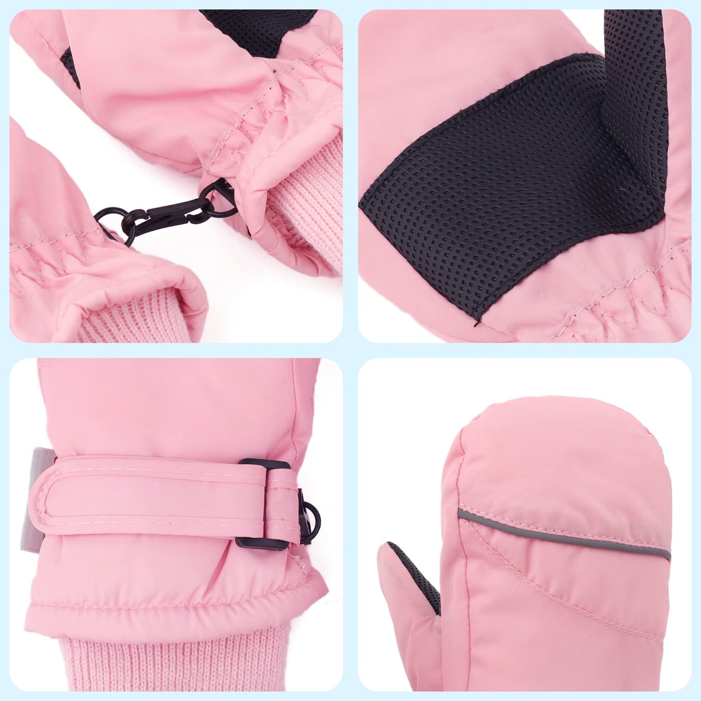 F Flammi Toddler Kids Snow Mittens With String Waterproof Ski Mittens Thinsulate Winter Gloves For Baby Girls Boys(Baby Pink,2-4
