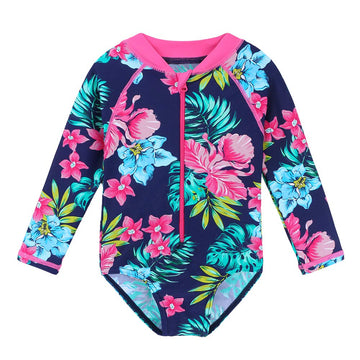 Huaaniue Baby/Toddler Girl Swimsuit Rashguard Swimwear Long Sleeve One-Piece Navy Flower 6-12 Months