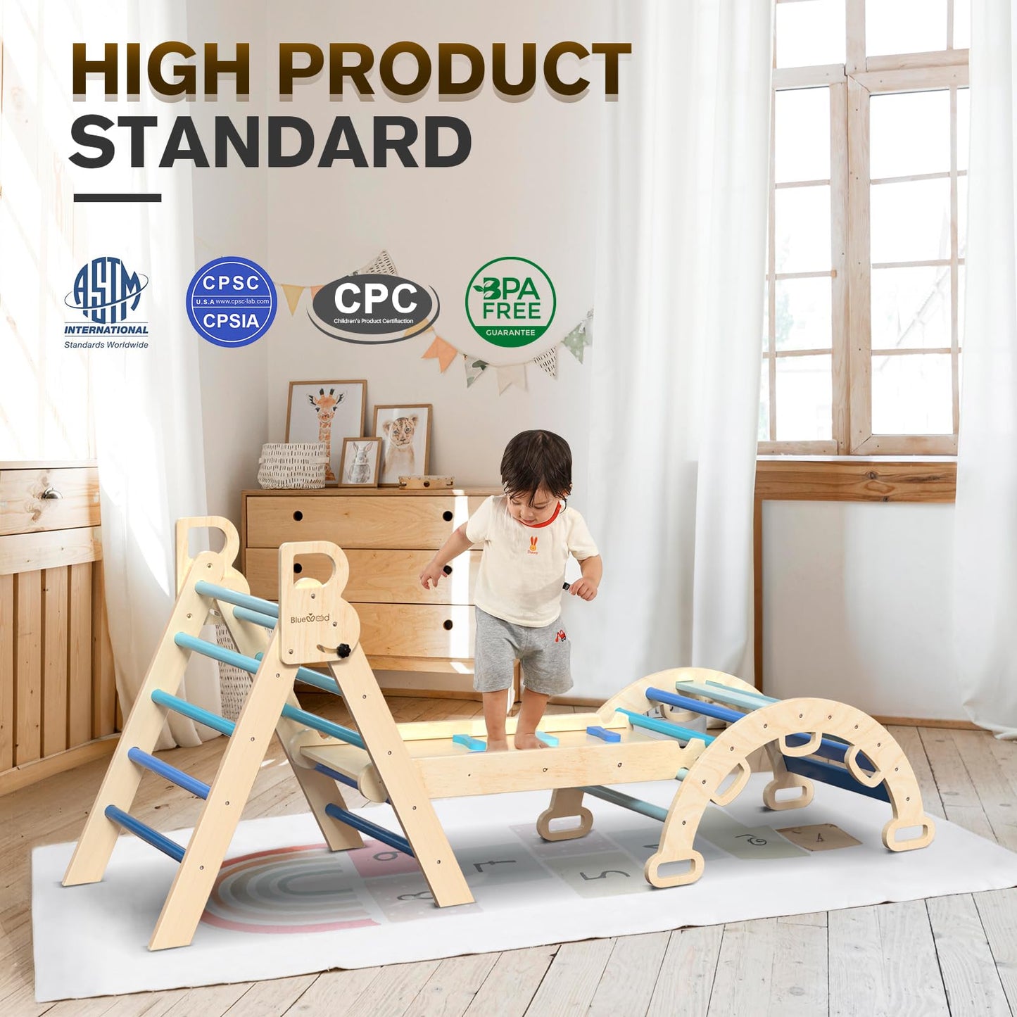 Bluewood Pikler Triangle Set 7In1 Foldable Baby Climbing Toys Wooden Montessori Climbing Set With Arch&Ramp&Ladder Baby Climber