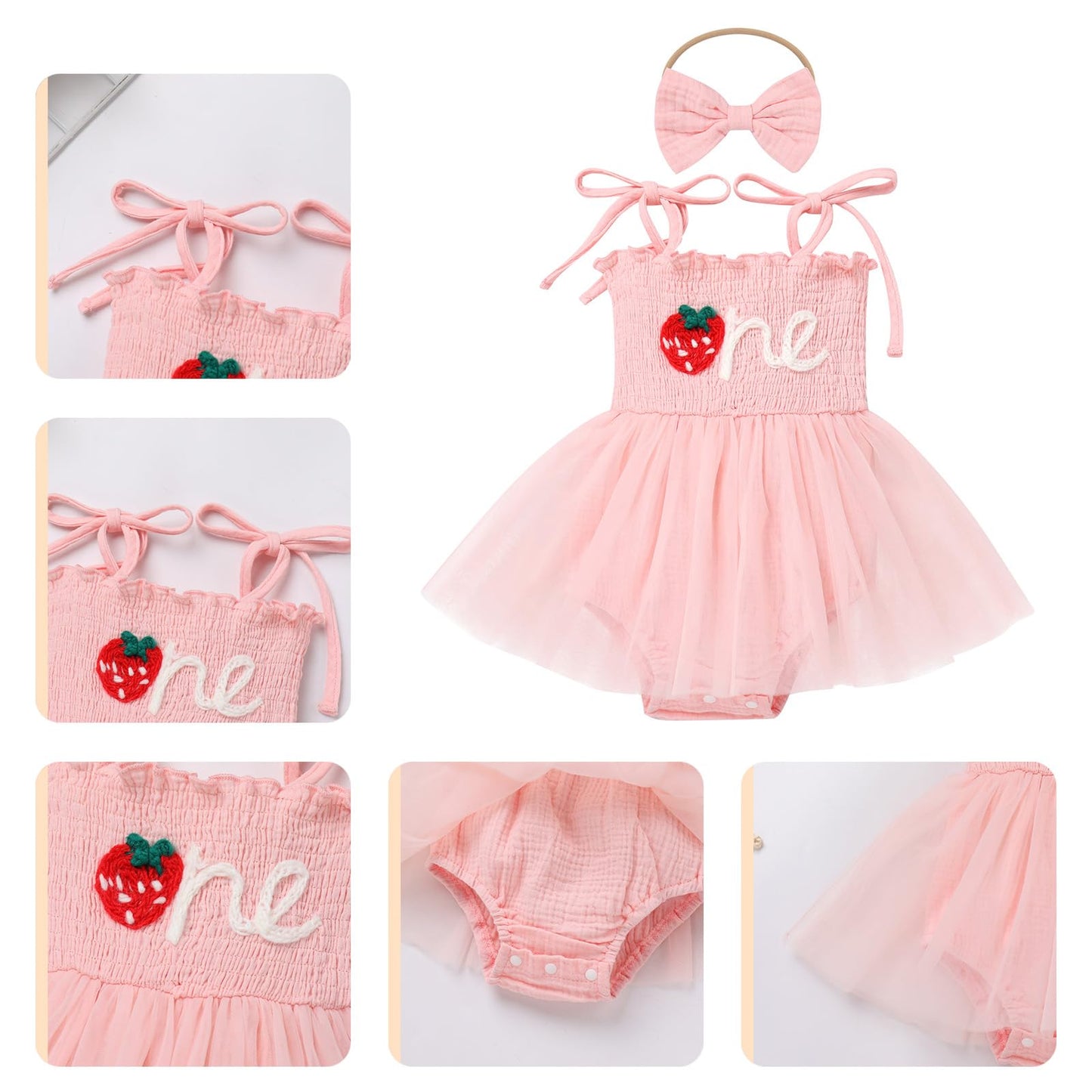 Strawberry First Birthday Outfit Girl, Baby Girl'S 1St Birthday Outfit I'M One Year Old Party Cake Smash Photo Shooting Sleevele