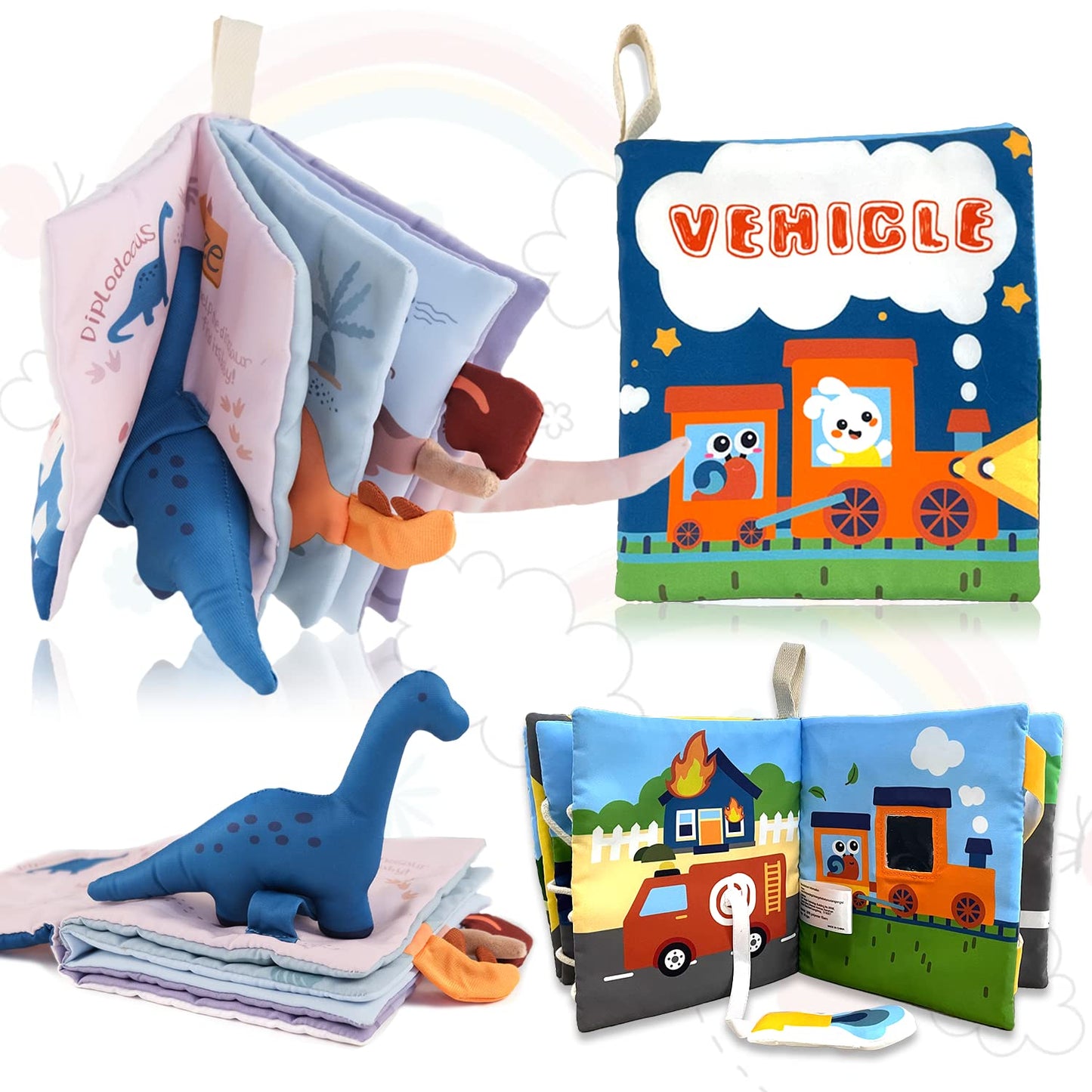 Richgv Baby Books Toys 6-12 Months, 2 Packs Interactive 3D Baby Cloth Books, Newborn Toys Gifts, Touch and Feel Crinkle Books, M