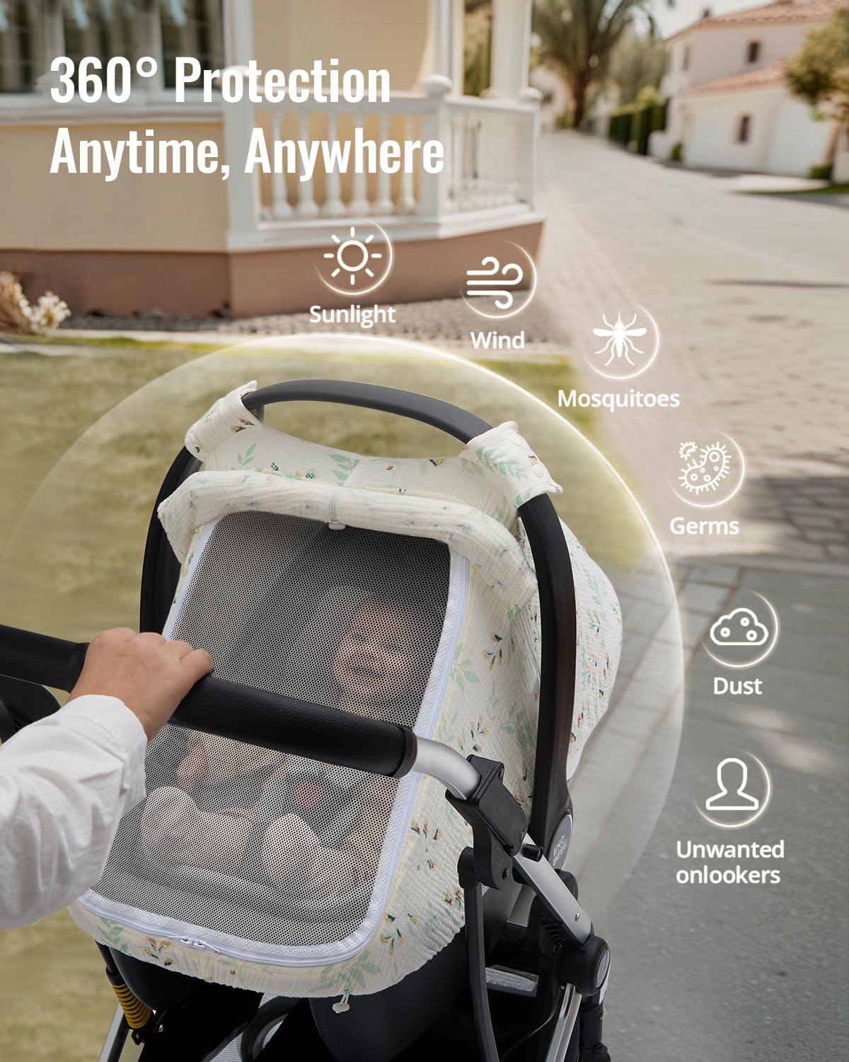 Blissful Diary Baby Car Seat Cover, Extra Large Mesh Window, Breathable Muslin Cotton, Infant Windproof Canopy - Botanical Leaf