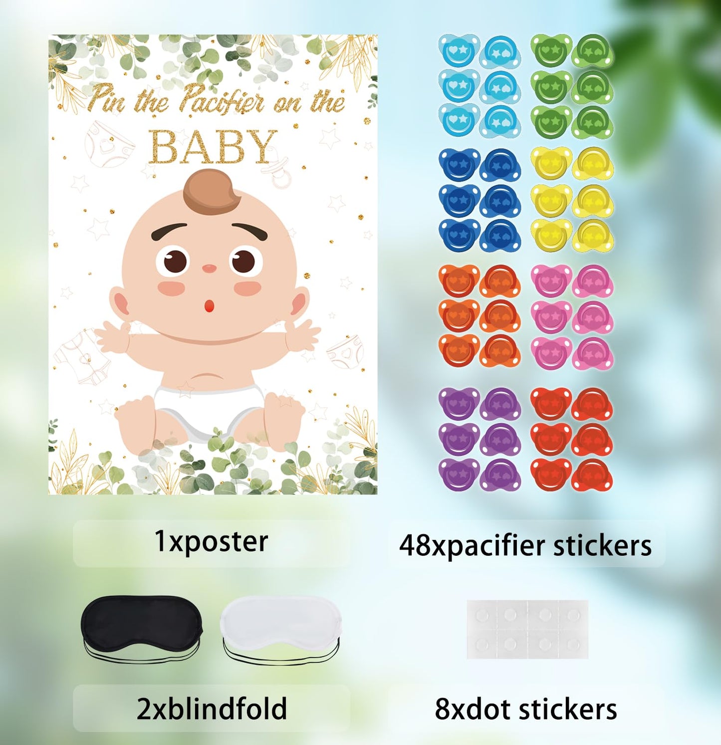 Sietdeseo Pin The Pacifier On The Baby Game - 48 Pcs Stickers, Large Eucalyptus Poster For Kids Birthday, Baby Shower Party Supp