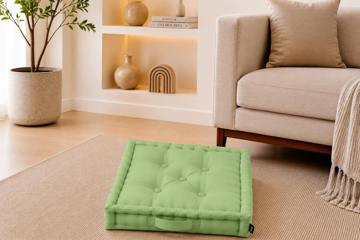 SKY MOON FAB Floor Cushion Set 2, 50x50x10 cm Square Tufted Seat Pad, 100% Cotton Cover, Polyester Filling, Handmade Thick Medit