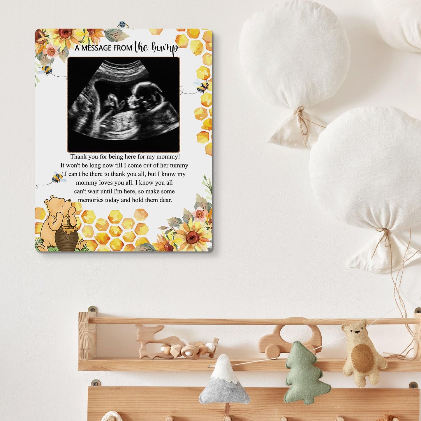 Hatzelou Winnie Baby Shower Sign Picture Frame - Message From The Bump Sonogram Frame, Honey Theme Gender Reveal, Pregnancy Mile