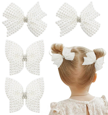 4Pcs Pearl Hair Bows For Girls, White Butterfly Flower Hair Bow Clip Wedding Hair Accessories For Baby Infants Toddlers Kids (Sm