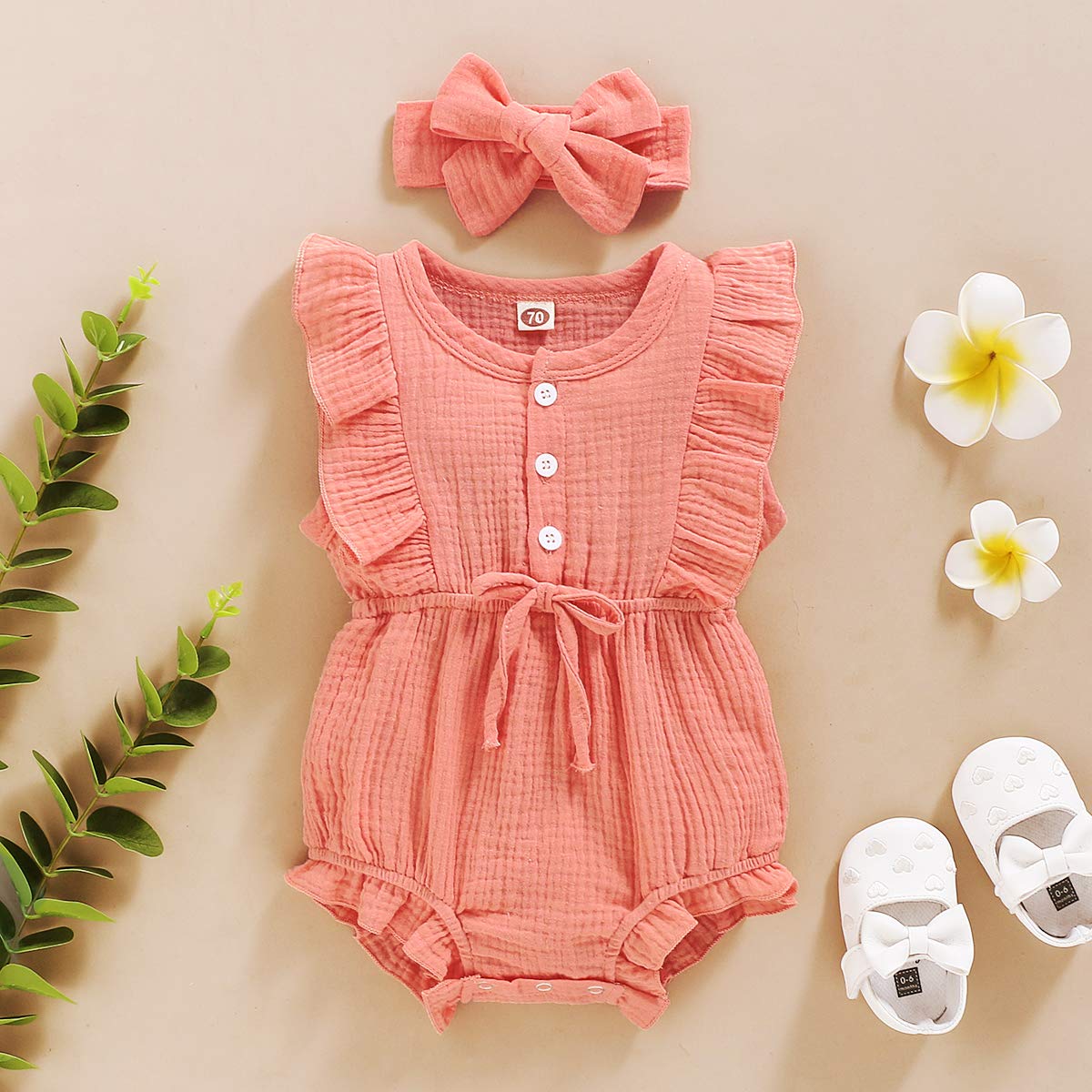 Younger Tree Toddler Baby Girl Ruffled Sleeveless Romper Casual Summer Jumpsuit Cotton Linen Clothes (Button-Pink, 0-3 Months)