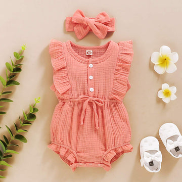 Younger Tree Toddler Baby Girl Ruffled Sleeveless Romper Casual Summer Jumpsuit Cotton Linen Clothes (Button-Pink, 0-3 Months)