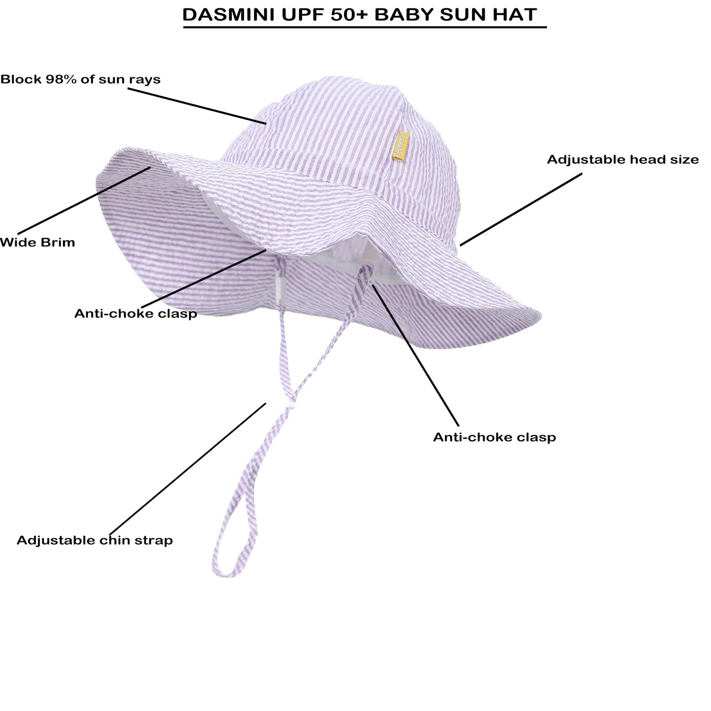 Dasmini Baby&Toddler Stripe Wide Brim Sun Hats Upf 50+ Sun Protection Beach Bucket Cap Cute Adjustable Hat (Purple Stripe, 6-24M