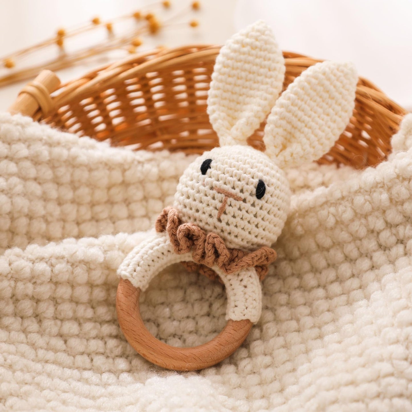 Wooden Baby Rattle,Crochet Bunny Rattle with Wood Ring, Newborn Wooden Animal Rattle Toy,Infant Bunny Wood Rattle Toys