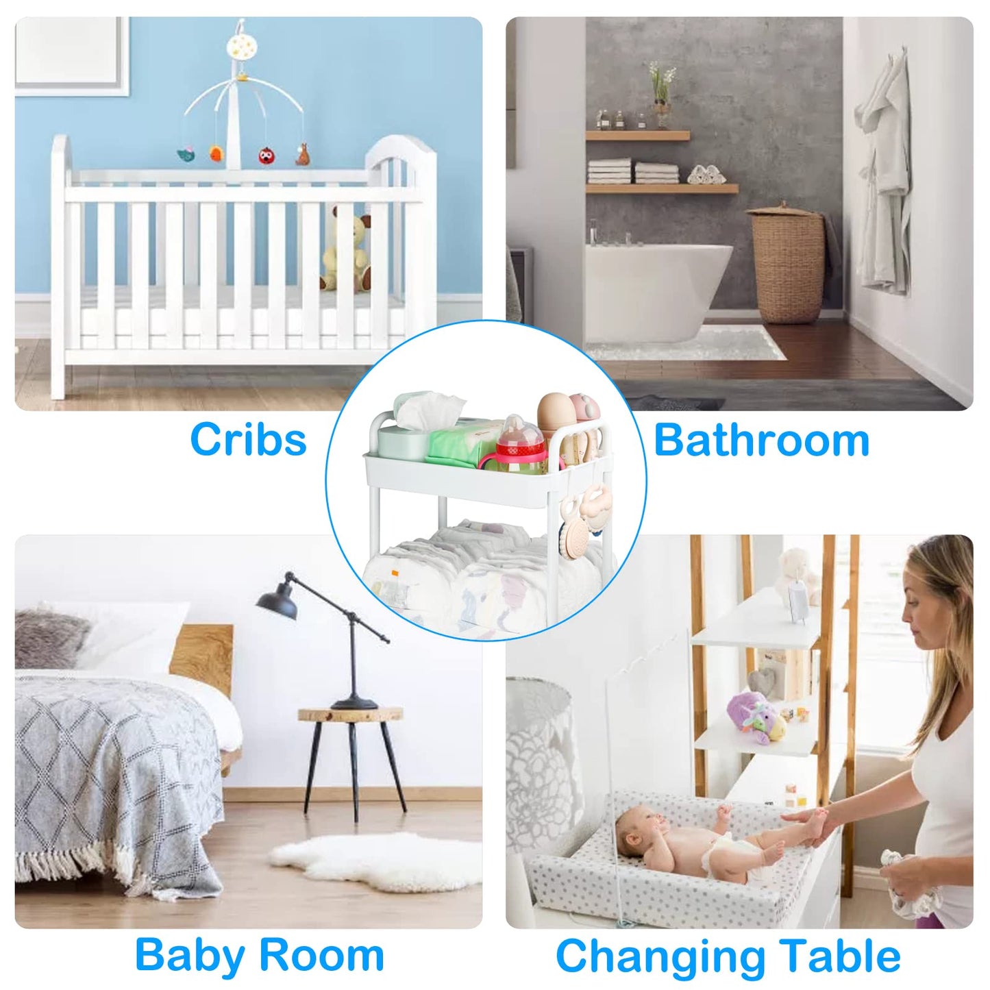 Volnamal Diaper Caddy Organizer, 3-Tier Movable Diaper Cart with Wheels, Newborn Essentials Must Haves, Diaper Caddy for Wipes &