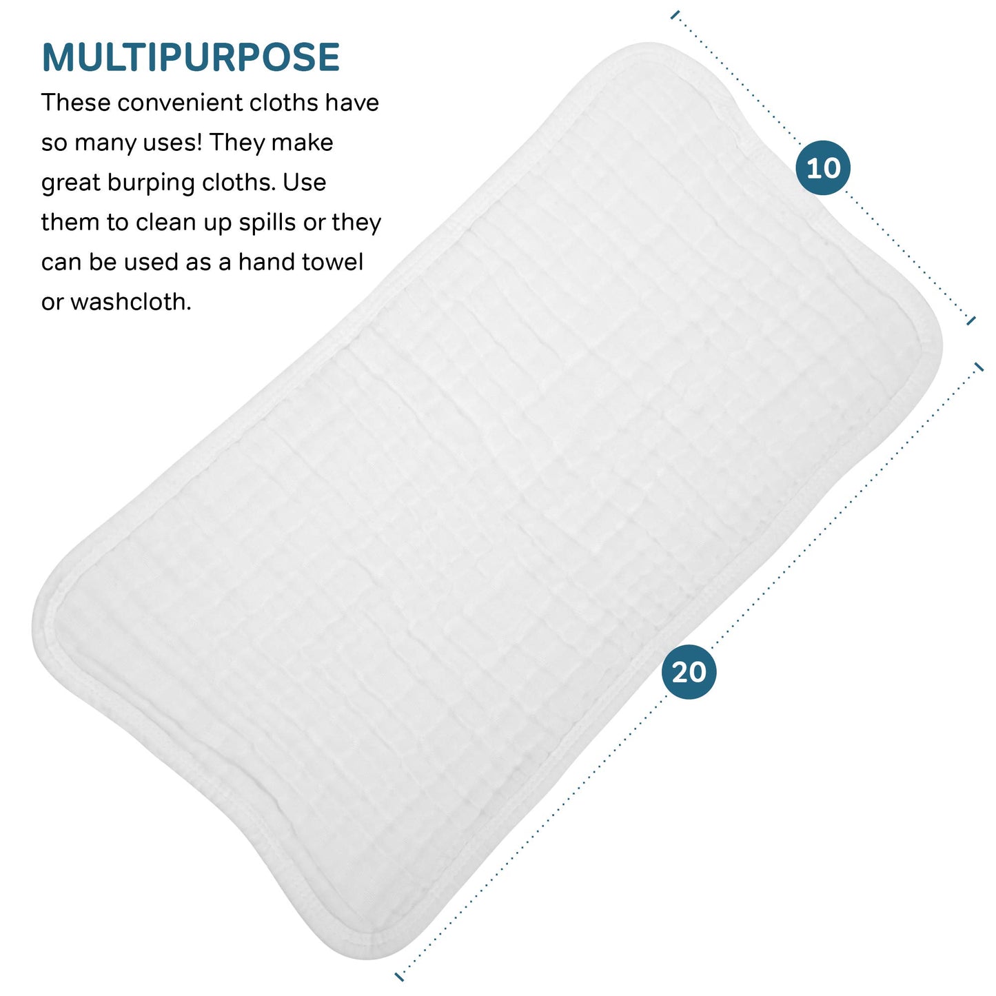 Allsett Health 10 Pack Muslin Burp Cloths Large 20' By 10' 100% Cotton, Hand Wash Cloth 6 Layers Extra Absorbent And Soft Whit