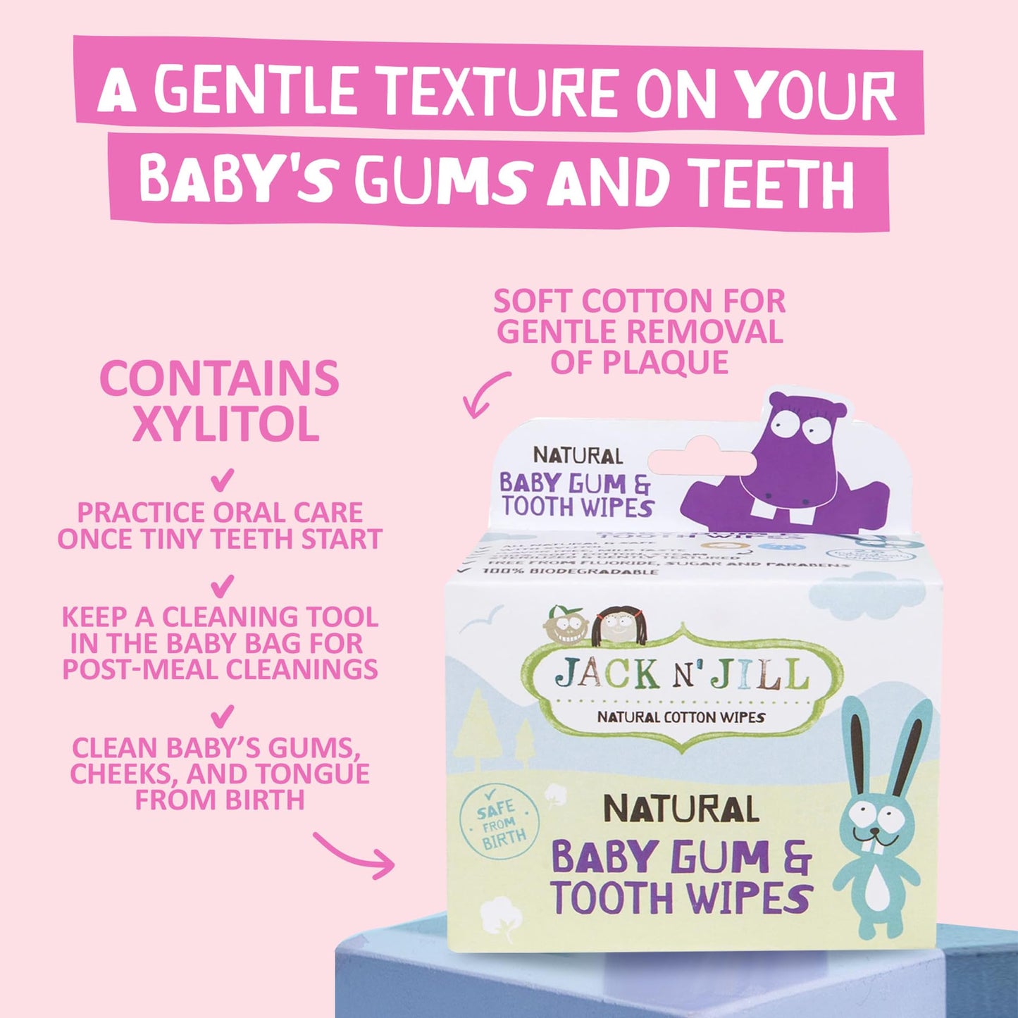 Jack N' Jill Natural Baby Gum & Tooth Wipes - Natural & Safe, Contains Only Water & Xylitol, Soft Cotton, Free From Fluoride & S