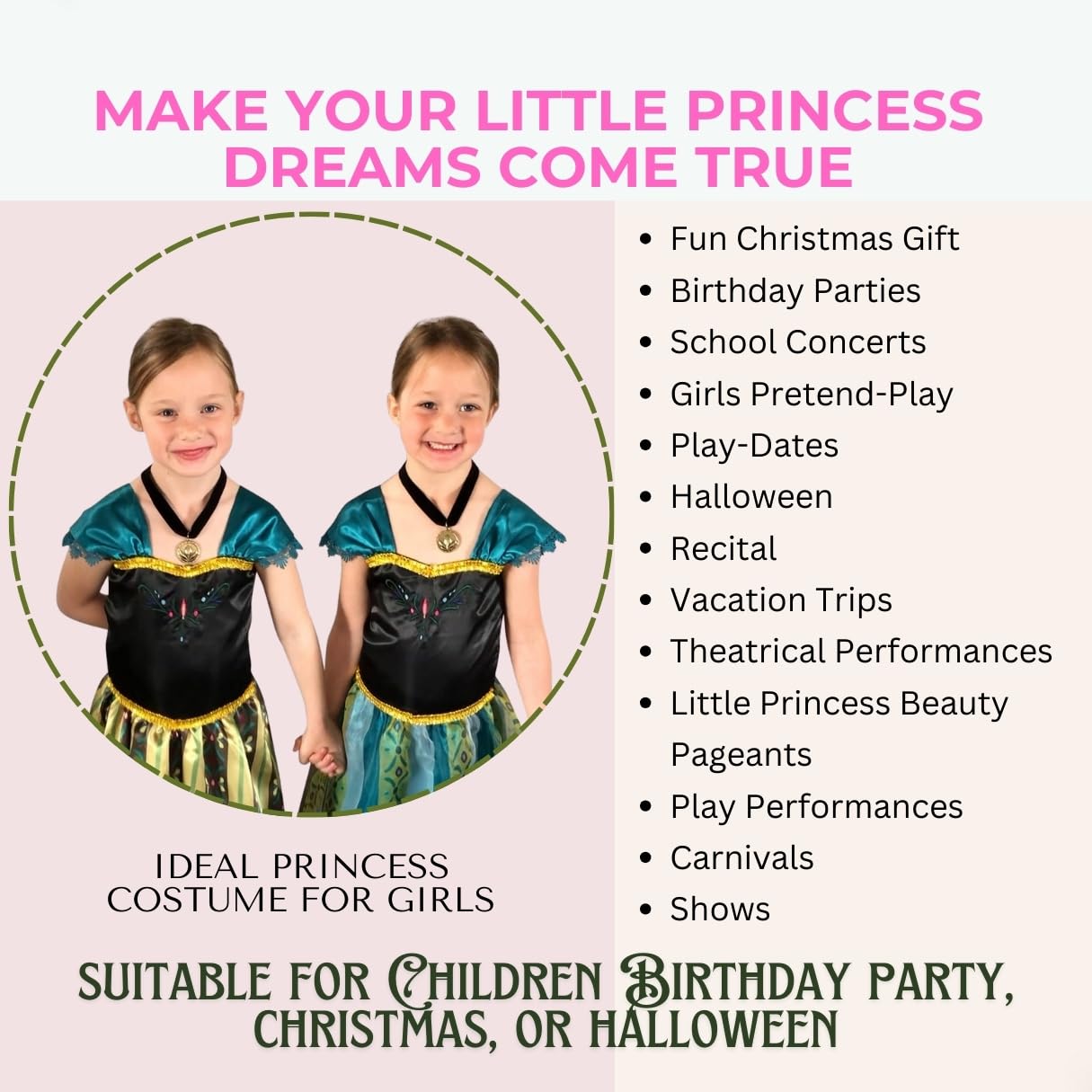 Cokos Box Girls Coronation Dress Princess Costume Necklace Accessory Dress-Up Play Wear Set 3 Years, Amazon Green, 3T