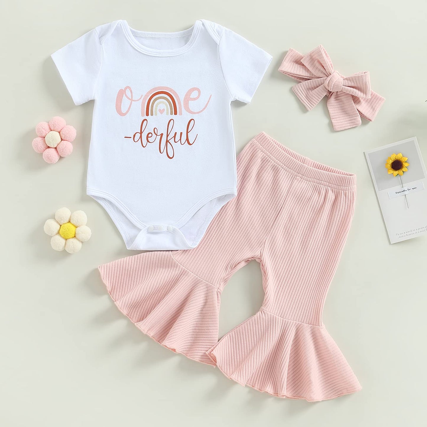 Yokjzjd Baby Girl Short Sleeve Romper T-Shirt Tops Bell Bottom Pants Set One Year Old Birthday Outfit 3Pcs Summer Clothes (White